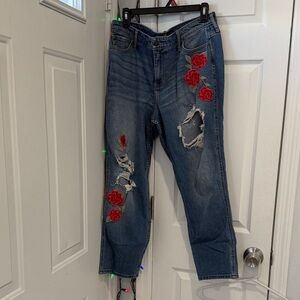 Hollister Blue Jeans with Red Floral Embroidery